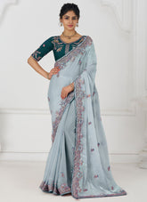 Elegant Grey Zari Work Fendi Silk Saree for Rich Indian Look